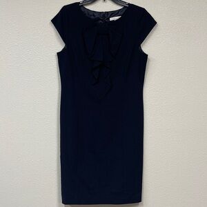 Sandra Darren Navy Blue Sheath Dress w/ Ruffled Bow